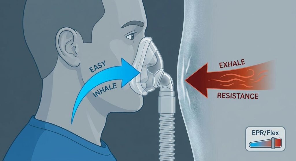 Minh họa tình trạng khó thở ra khi dùng CPAP và cơ chế giảm áp lực thở ra của EPR, một tính năng được sử dụng để cải thiện sự thoải mái trong quá trình trị liệu.