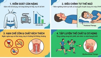 Tổng quan 4 trụ cột thay đổi thói quen sinh hoạt được các chuyên gia y tế khuyến nghị phối hợp song song với trị liệu máy CPAP nhằm tối ưu hóa kết quả điều trị, kiểm soát triệu chứng ngáy to và nâng cao sức khỏe hô hấp toàn diện.