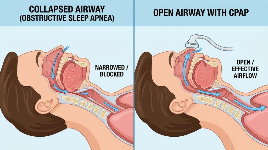 Liệu pháp CPAP giúp mở rộng không gian hầu họng bị hẹp, giải quyết triệt để tình trạng ngưng giảm thở trong đêm.